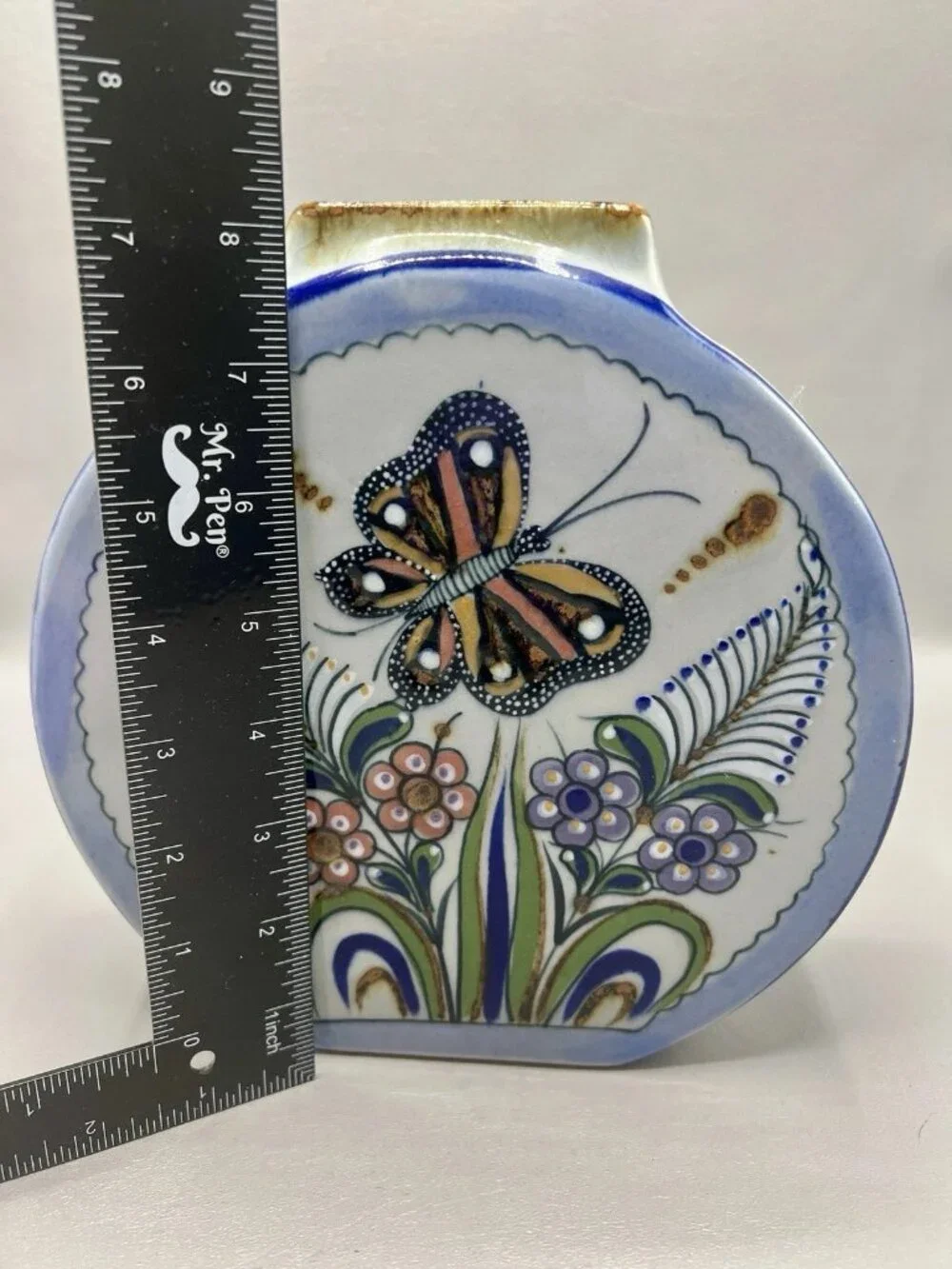 Vintage Erandi Mexico Tonala Style Pottery Vase Butterfly Floral Folk Art 8